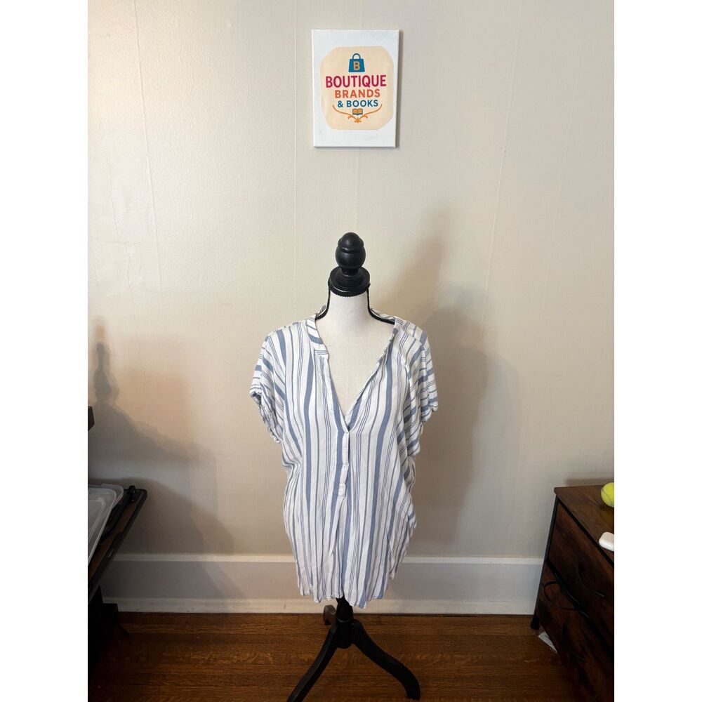 H&M Blue & White Striped V-Neck Tunic Blouse | Women's Medium | Short Sleeve